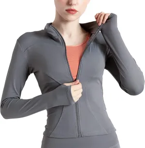 Women's Long Sleeve Running Jacket Sports Shirts Full Zip Quick Dry Yoga Fitness Top with Thumb Holes
