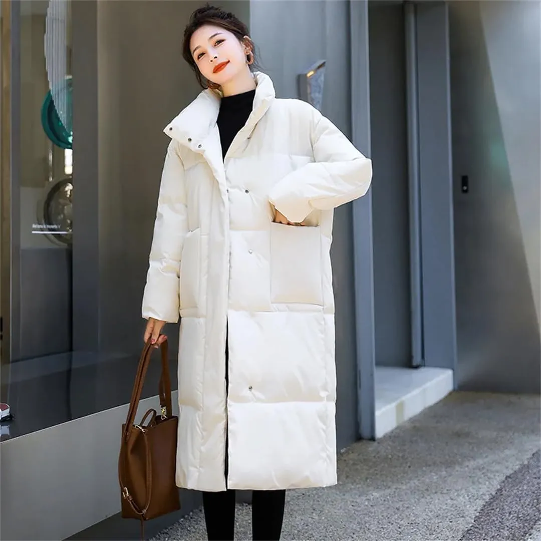 Womens Long Winter Down Cotton Coat Jacket Warm Cotton-Padded Coat Single-Breasted Puffer Parkas Outwear
