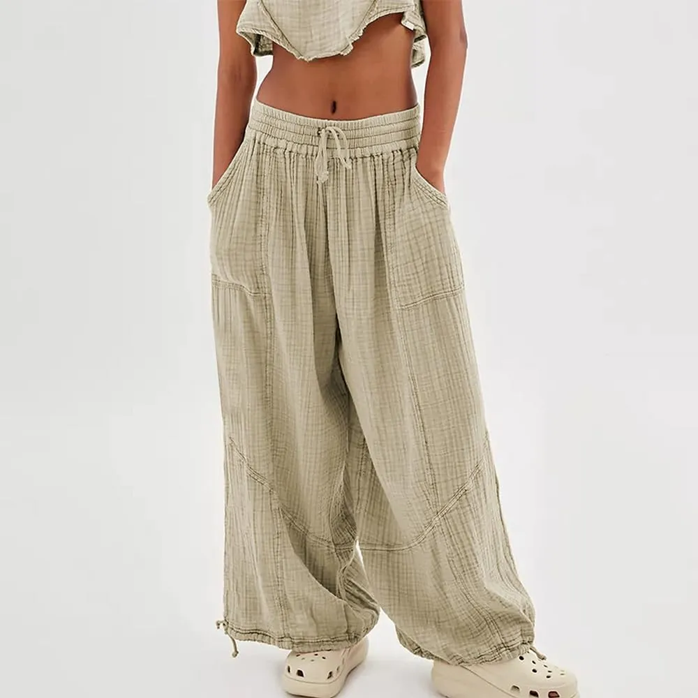 Women's Loose Fitting Palazzo Pants Pleated Drawstring Elastic Waist Solid Color with Pockets Relax Pants