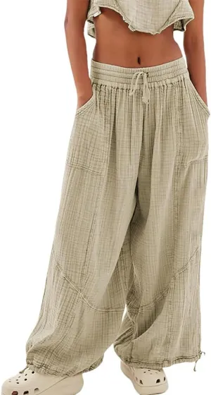 Women's Loose Fitting Palazzo Pants Pleated Drawstring Elastic Waist Solid Color with Pockets Relax Pants