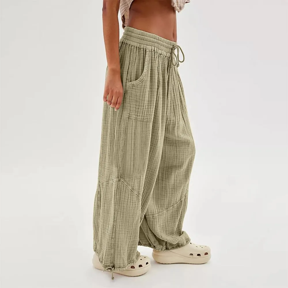 Women's Loose Fitting Palazzo Pants Pleated Drawstring Elastic Waist Solid Color with Pockets Relax Pants