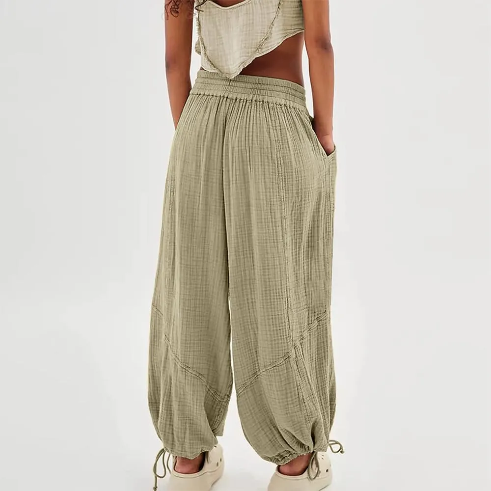 Women's Loose Fitting Palazzo Pants Pleated Drawstring Elastic Waist Solid Color with Pockets Relax Pants