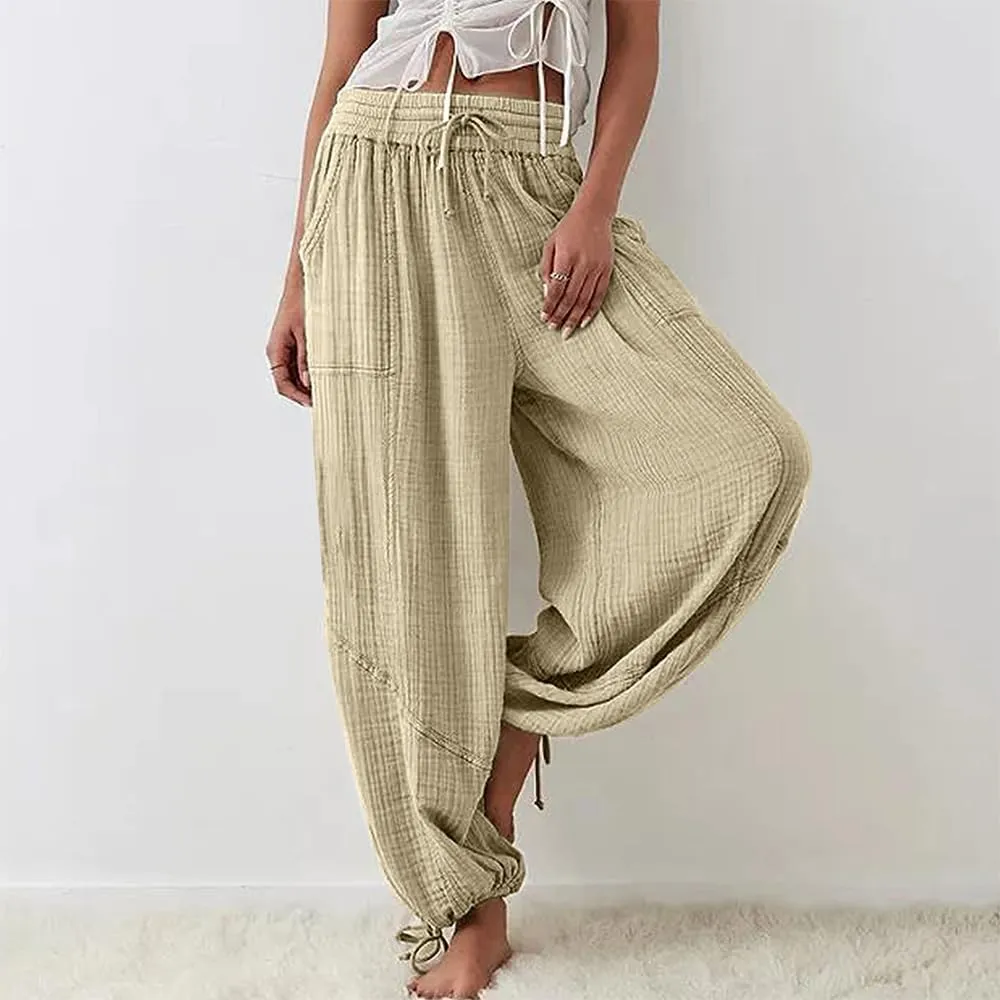 Women's Loose Fitting Palazzo Pants Pleated Drawstring Elastic Waist Solid Color with Pockets Relax Pants