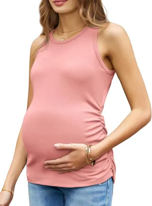 Women's Maternity Tank Tops Summer Sleeveless Crew Neck Ribbed Knit Slim Fitted Blouse Side Ruched Pregnancy Shirts