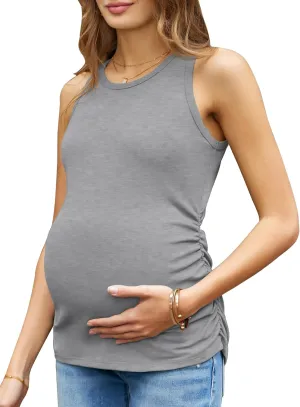 Women's Maternity Tank Tops Summer Sleeveless Crew Neck Ribbed Knit Slim Fitted Blouse Side Ruched Pregnancy Shirts