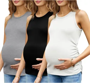 Women's Maternity Tank Tops Summer Sleeveless Crew Neck Ribbed Knit Slim Fitted Blouse Side Ruched Pregnancy Shirts