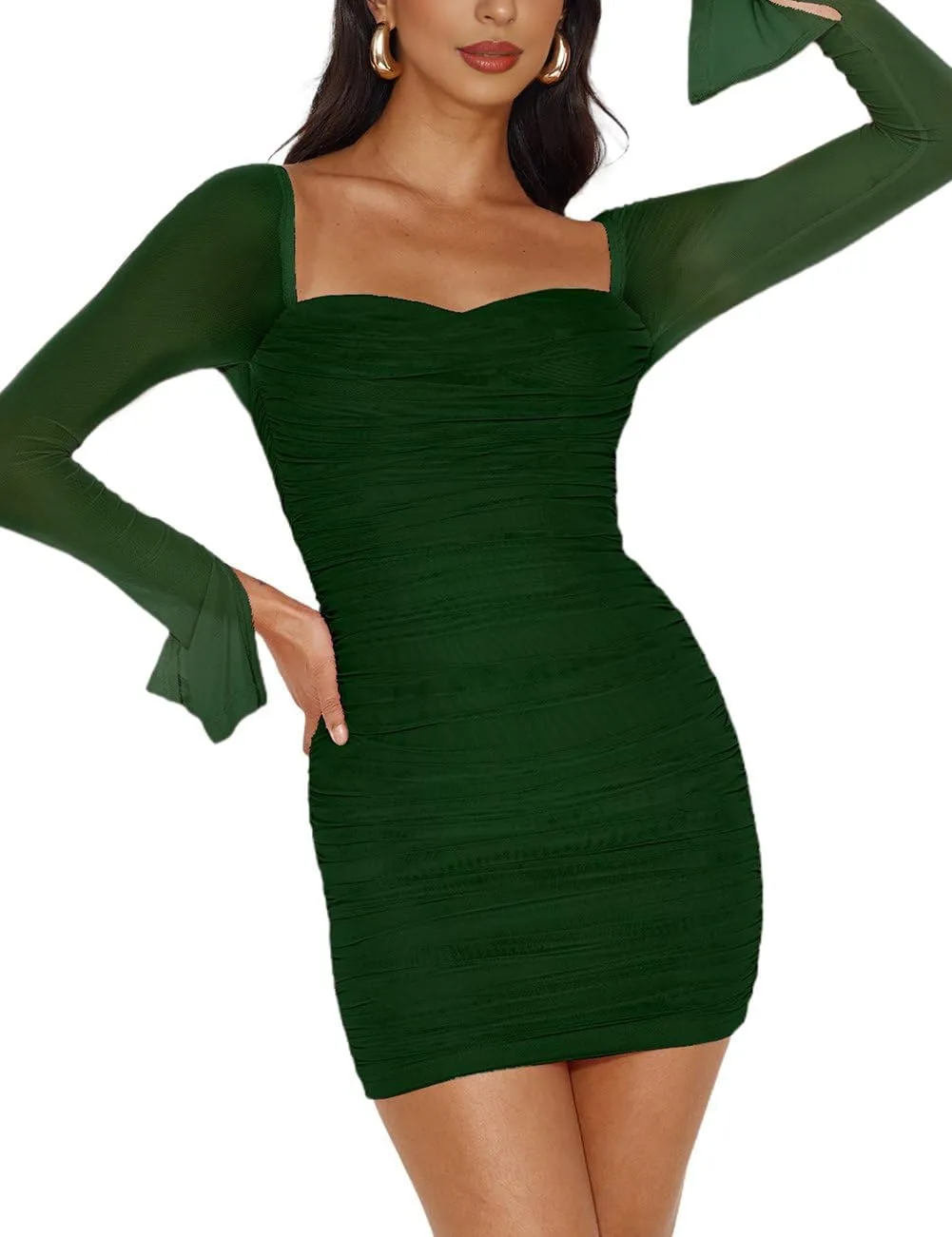 Womens Mesh Long Sleeve Dress Square Neck Ruched Bodycon Party Cocktail Mini Dress