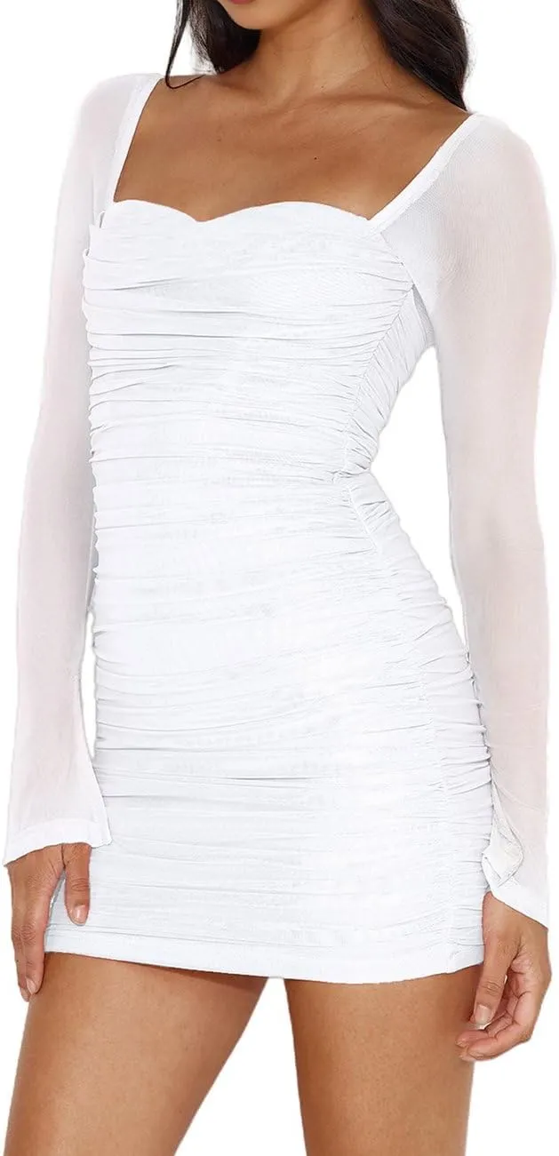 Womens Mesh Long Sleeve Dress Square Neck Ruched Bodycon Party Cocktail Mini Dress