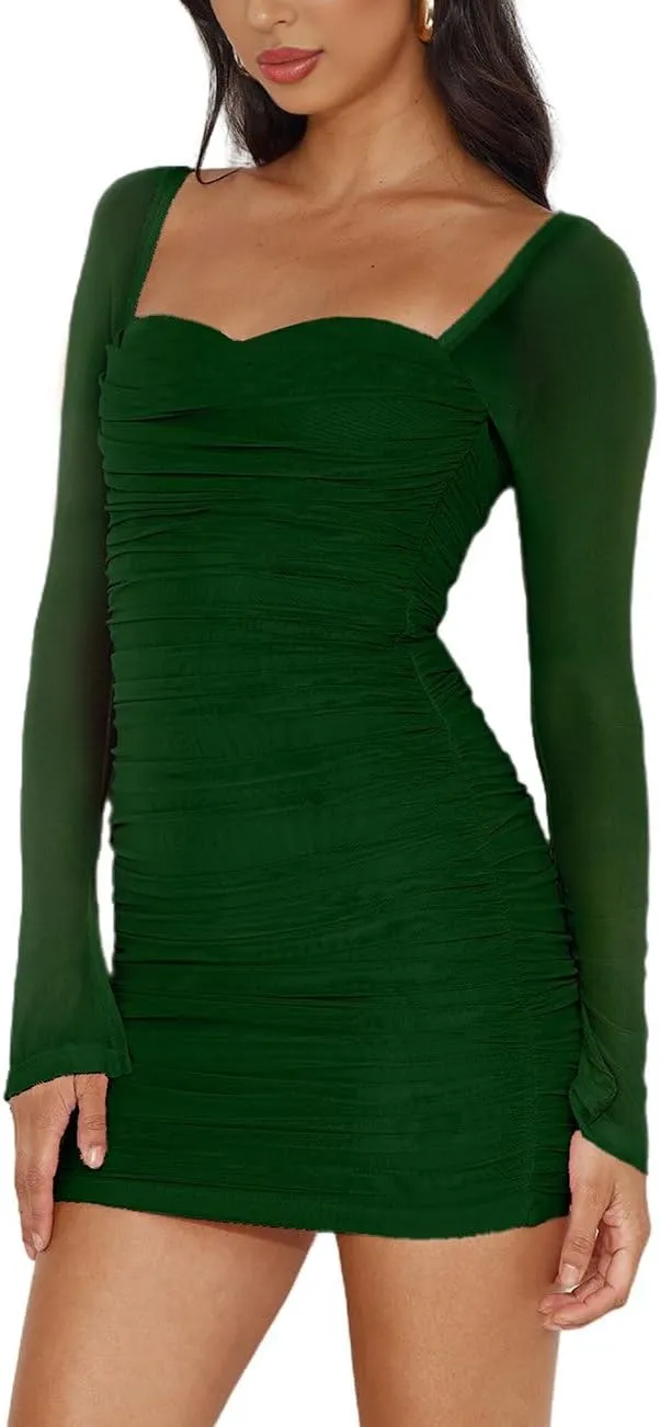 Womens Mesh Long Sleeve Dress Square Neck Ruched Bodycon Party Cocktail Mini Dress