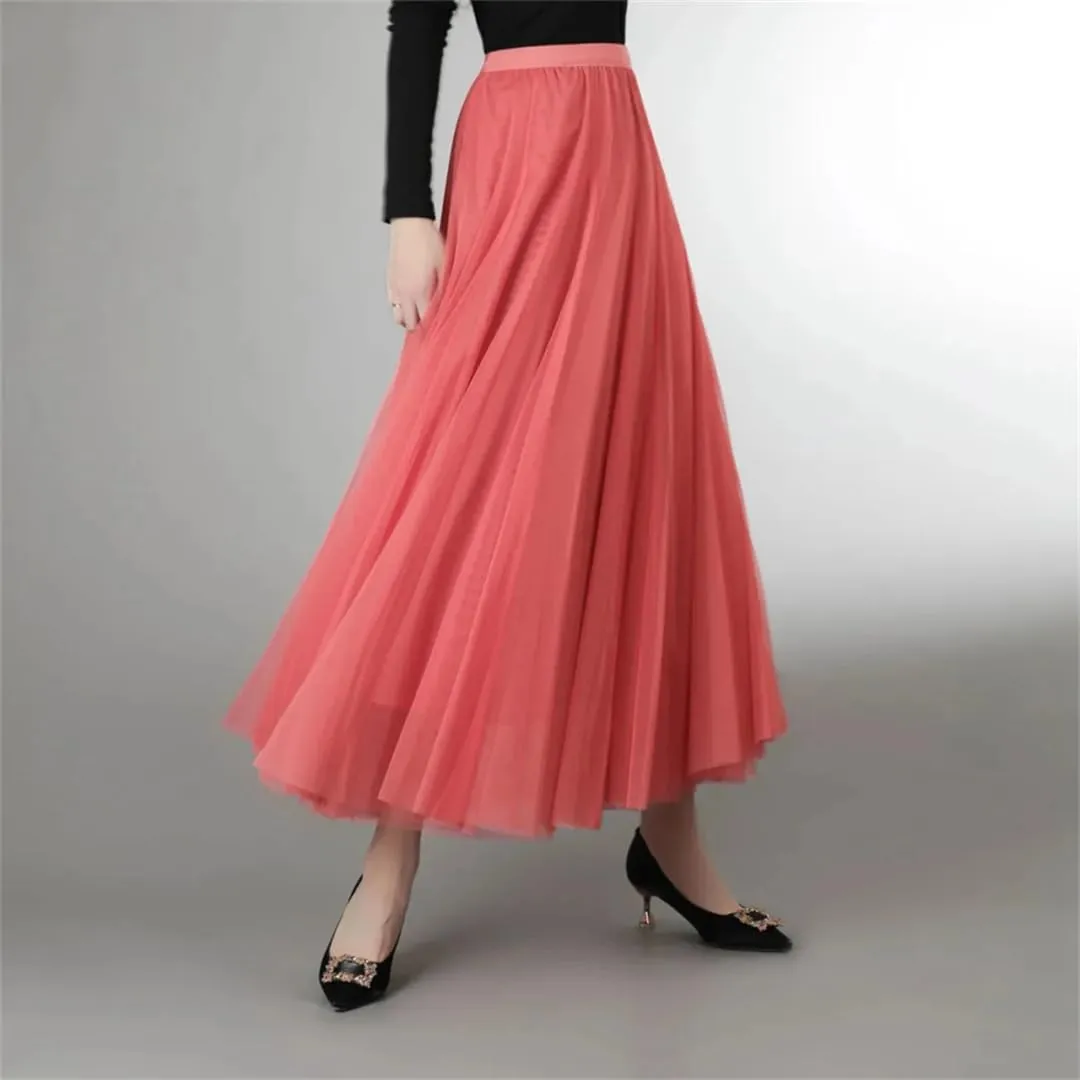 Women's Net Tulle Skirt Stretch High Waist A-Line Beach Wedding Party Pleated Midi Skirts