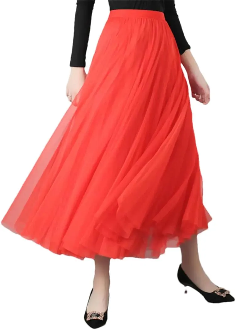 Women's Net Tulle Skirt Stretch High Waist A-Line Beach Wedding Party Pleated Midi Skirts