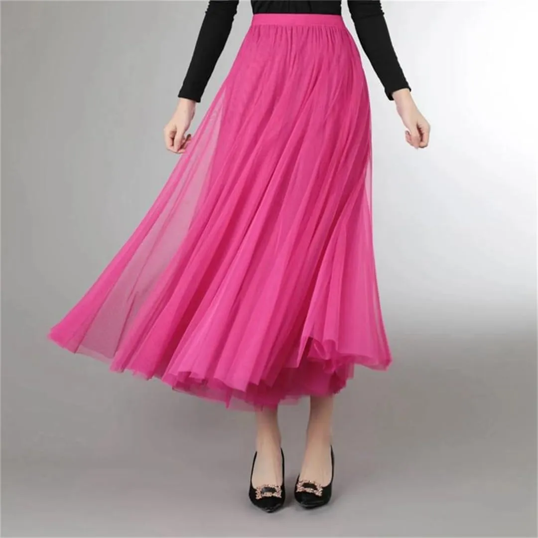 Women's Net Tulle Skirt Stretch High Waist A-Line Beach Wedding Party Pleated Midi Skirts