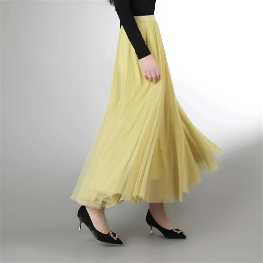 Women's Net Tulle Skirt Stretch High Waist A-Line Beach Wedding Party Pleated Midi Skirts
