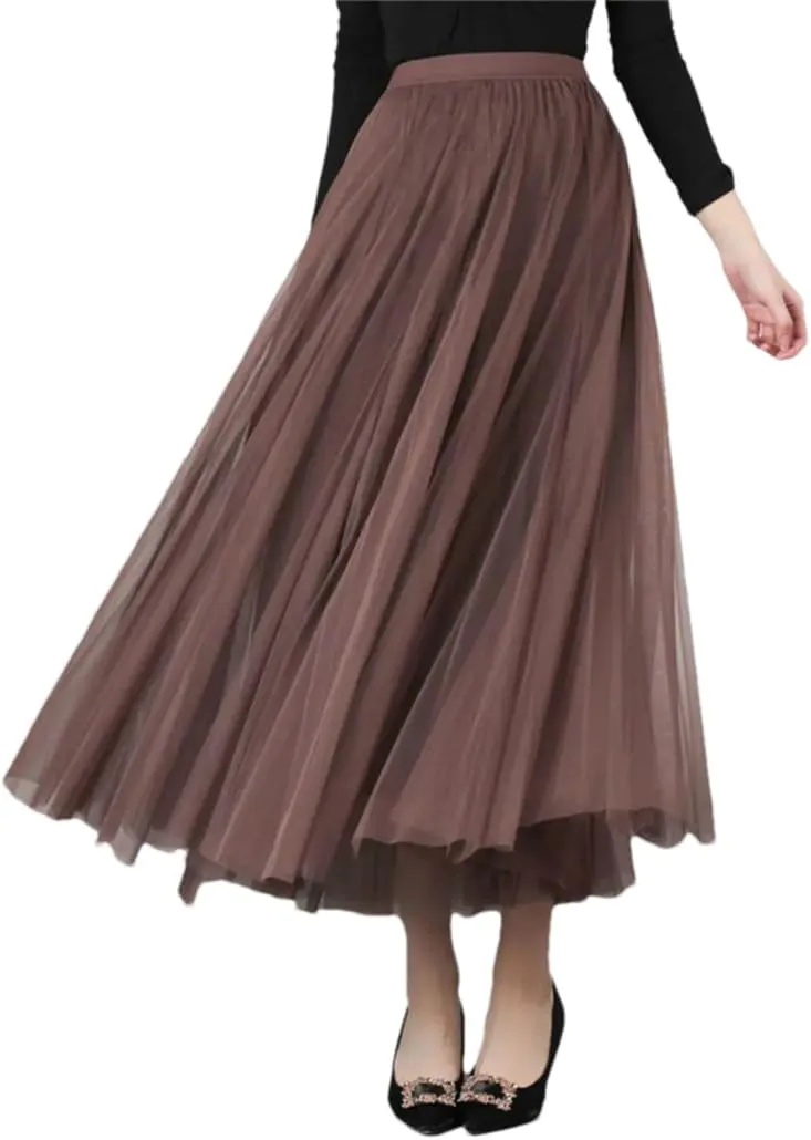 Women's Net Tulle Skirt Stretch High Waist A-Line Beach Wedding Party Pleated Midi Skirts
