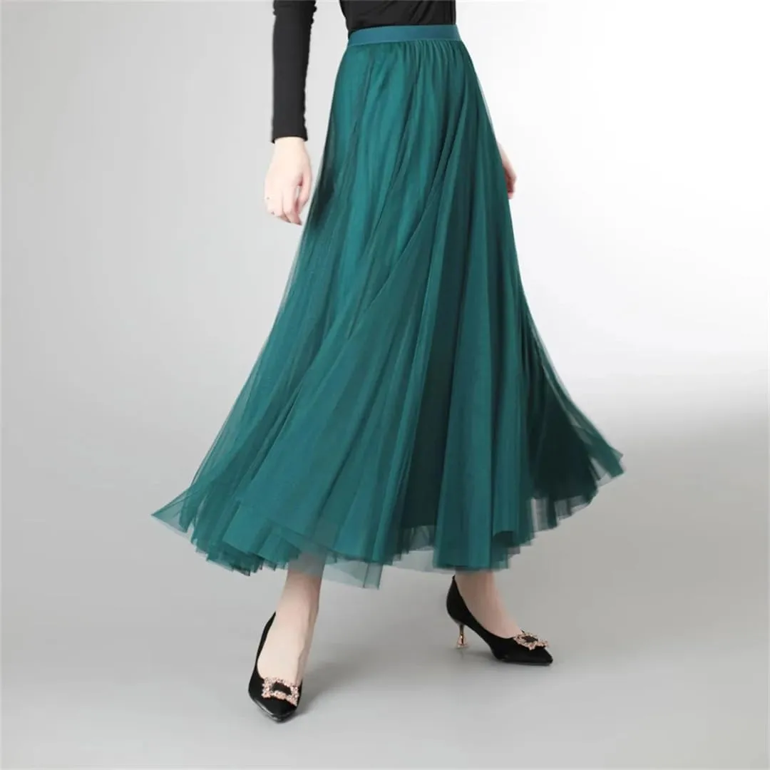 Women's Net Tulle Skirt Stretch High Waist A-Line Beach Wedding Party Pleated Midi Skirts