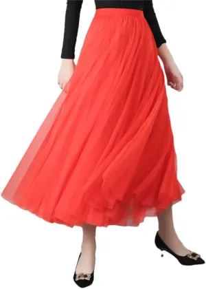 Women's Net Tulle Skirt Stretch High Waist A-Line Beach Wedding Party Pleated Midi Skirts