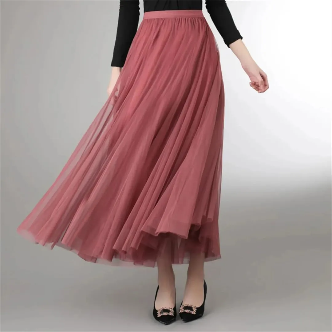 Women's Net Tulle Skirt Stretch High Waist A-Line Beach Wedding Party Pleated Midi Skirts