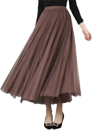 Women's Net Tulle Skirt Stretch High Waist A-Line Beach Wedding Party Pleated Midi Skirts