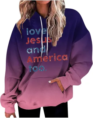 Womens Oversized Hoodies Gradient Letter Print Long Sleeve Drawstring Pullover Sweatshirt with Pockets Fall Clothes