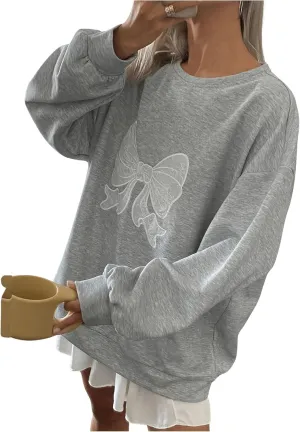 Women's Oversized Sweatshirts Bow Long Sleeve Crewneck Drop Shoulder Graphic Pullover Tops Trendy