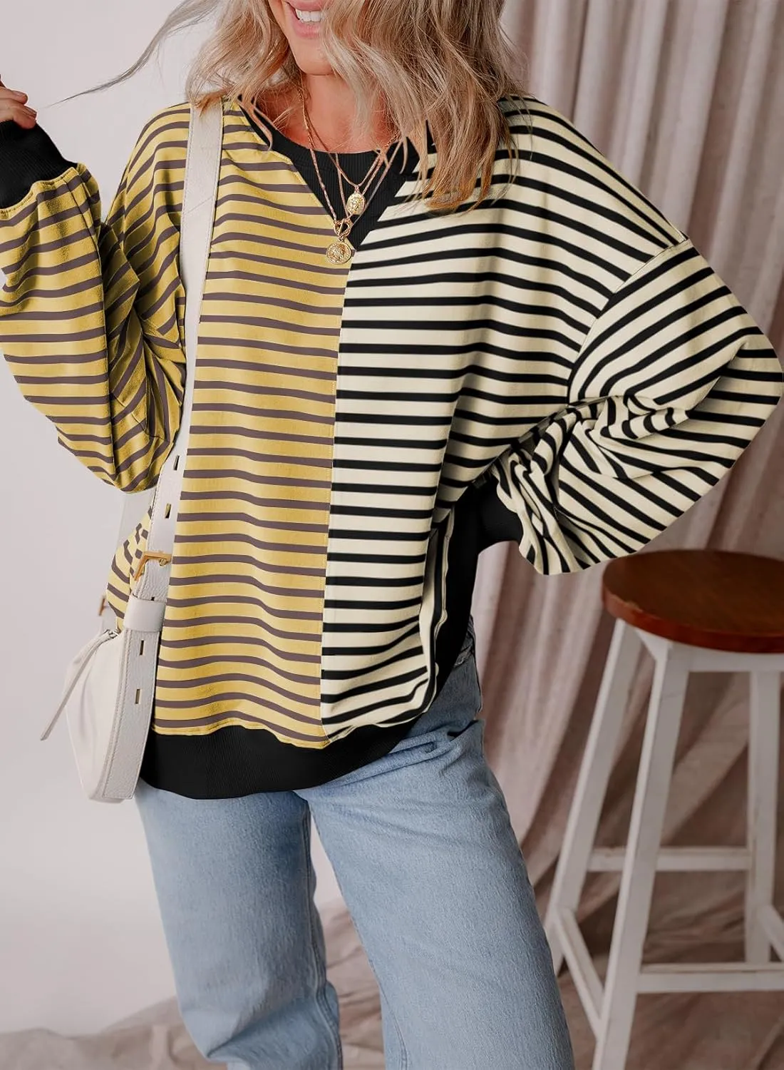 Womens Oversized Sweatshirts Striped Color Block Crewneck Sweatshirt Long Sleeve Casual Pullover Y2K Fall Top