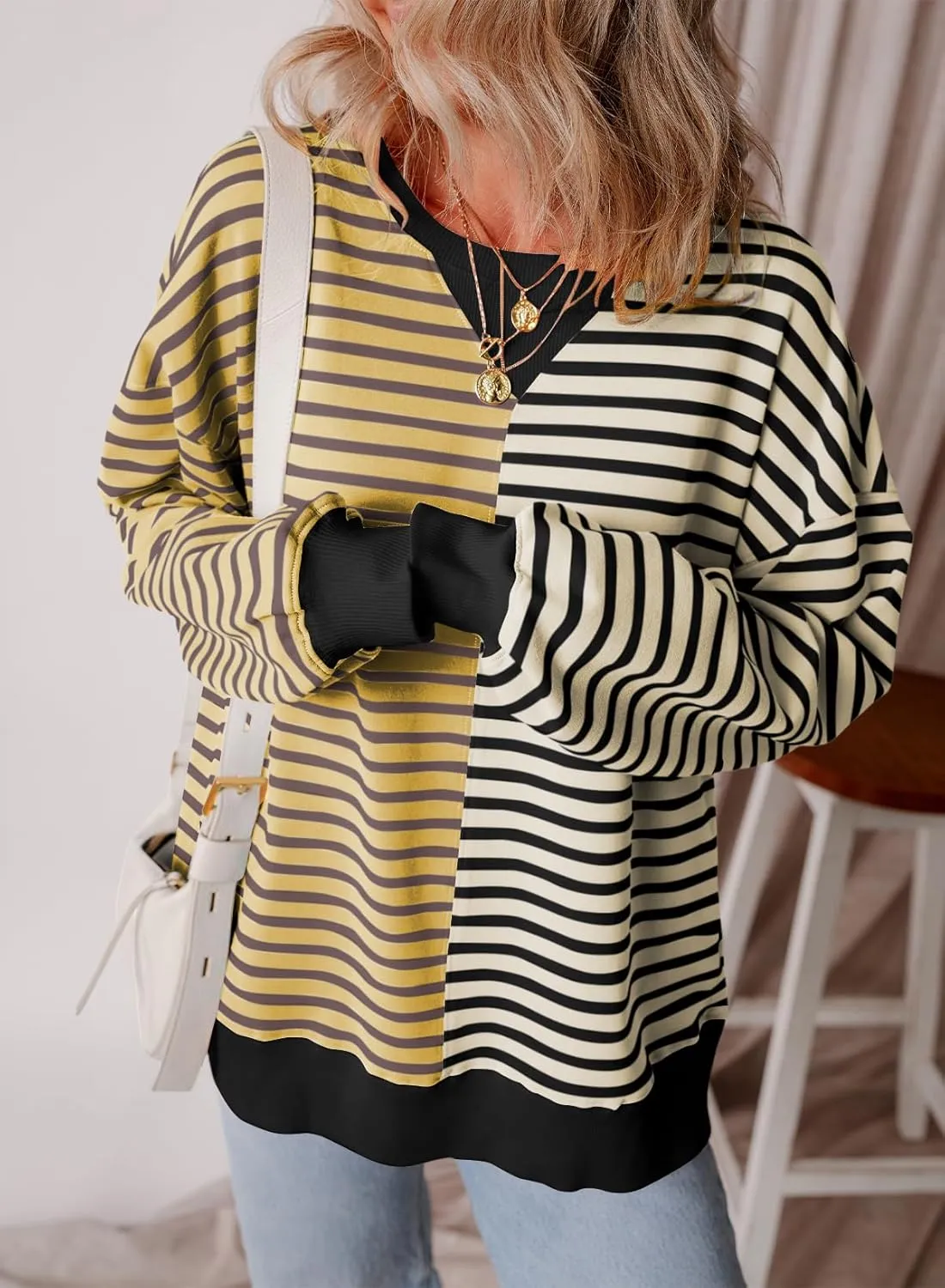 Womens Oversized Sweatshirts Striped Color Block Crewneck Sweatshirt Long Sleeve Casual Pullover Y2K Fall Top