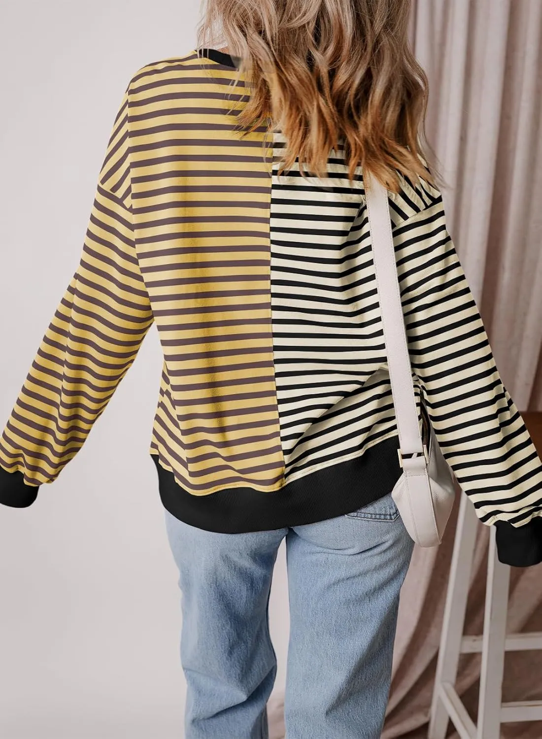 Womens Oversized Sweatshirts Striped Color Block Crewneck Sweatshirt Long Sleeve Casual Pullover Y2K Fall Top