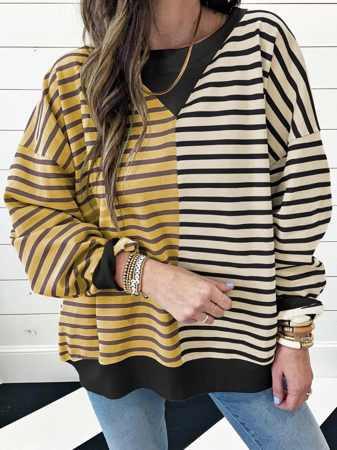Womens Oversized Sweatshirts Striped Color Block Crewneck Sweatshirt Long Sleeve Casual Pullover Y2K Fall Top