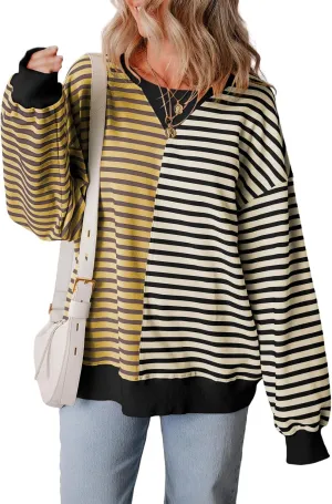 Womens Oversized Sweatshirts Striped Color Block Crewneck Sweatshirt Long Sleeve Casual Pullover Y2K Fall Top