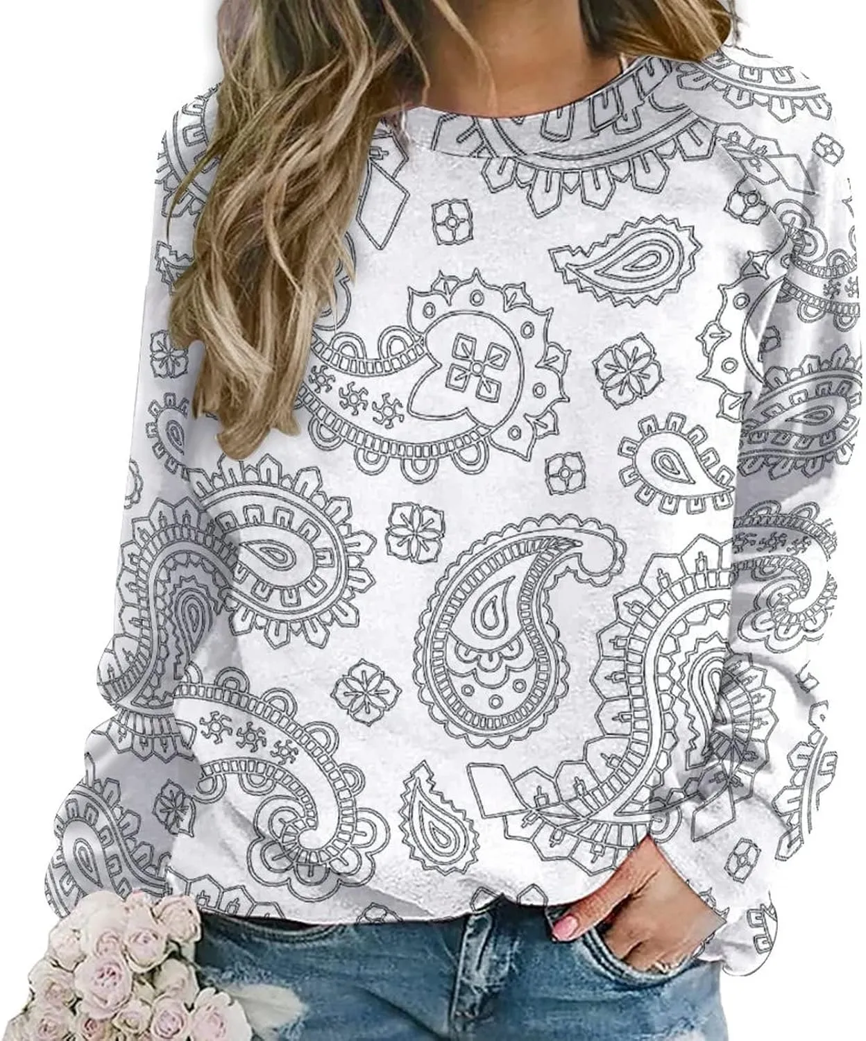 Womens Paisley Sweatshirt Oversized Loose Fit Novelty Graphic Crewneck Sweatshirts Casual Raglan Long Sleeve Tops Shirt