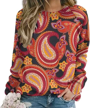 Womens Paisley Sweatshirt Oversized Loose Fit Novelty Graphic Crewneck Sweatshirts Casual Raglan Long Sleeve Tops Shirt