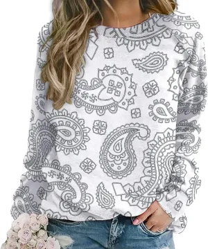 Womens Paisley Sweatshirt Oversized Loose Fit Novelty Graphic Crewneck Sweatshirts Casual Raglan Long Sleeve Tops Shirt