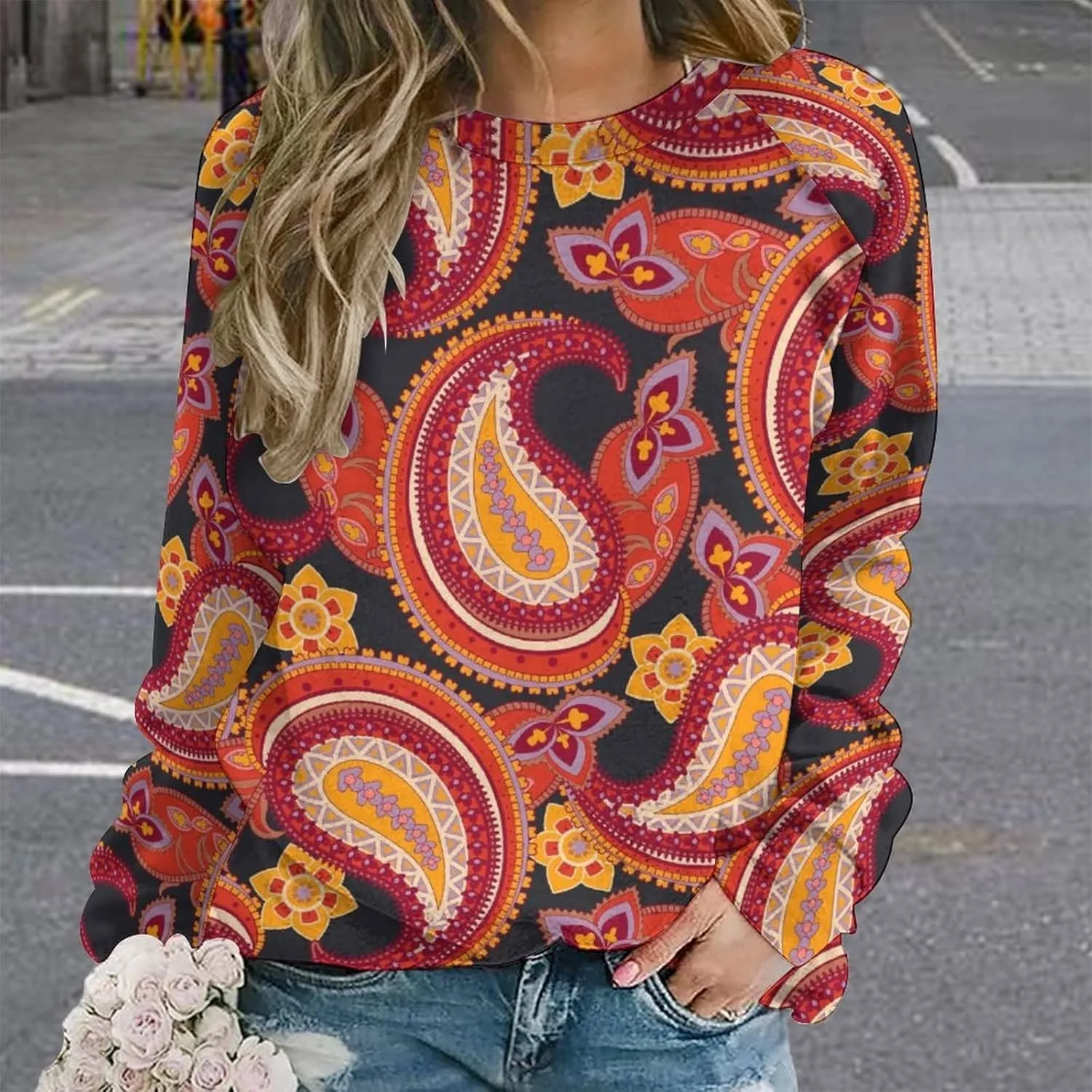 Womens Paisley Sweatshirt Oversized Loose Fit Novelty Graphic Crewneck Sweatshirts Casual Raglan Long Sleeve Tops Shirt