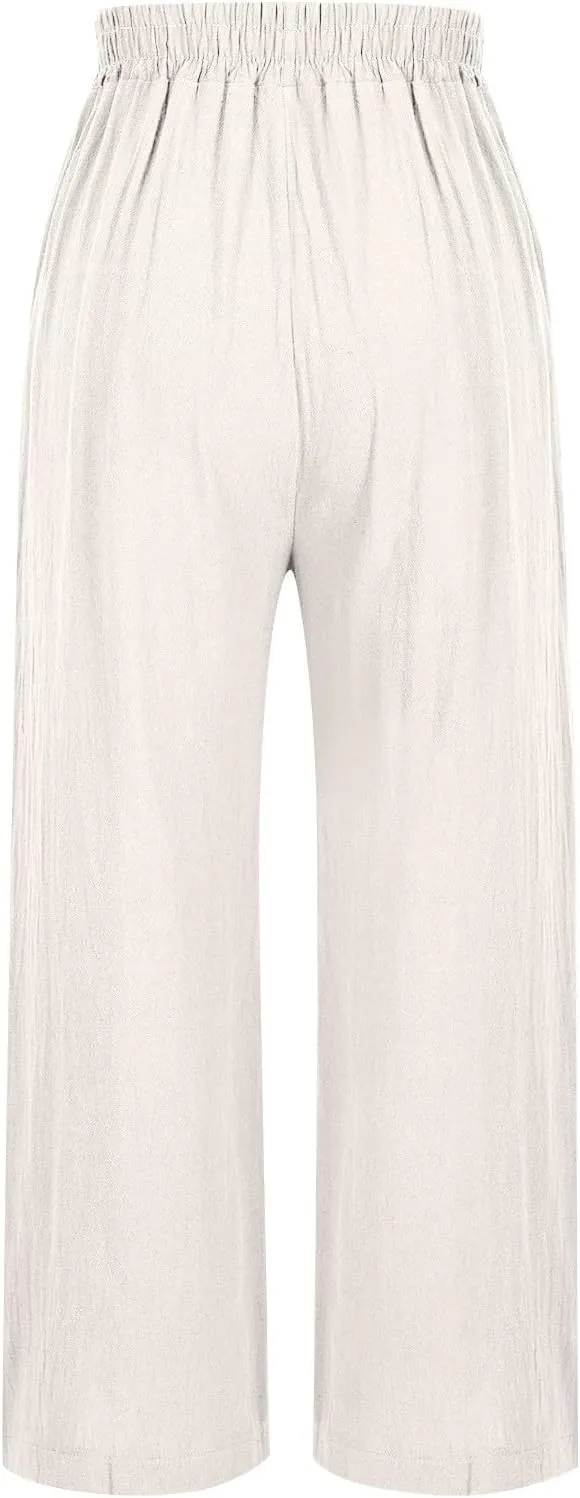Womens Pants Embroidery Decoration Cotton and Linen Elastic Waist Pants Solid Summer Loose Cropped Wide Leg Trousers