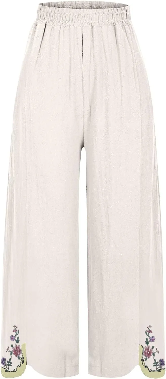 Womens Pants Embroidery Decoration Cotton and Linen Elastic Waist Pants Solid Summer Loose Cropped Wide Leg Trousers