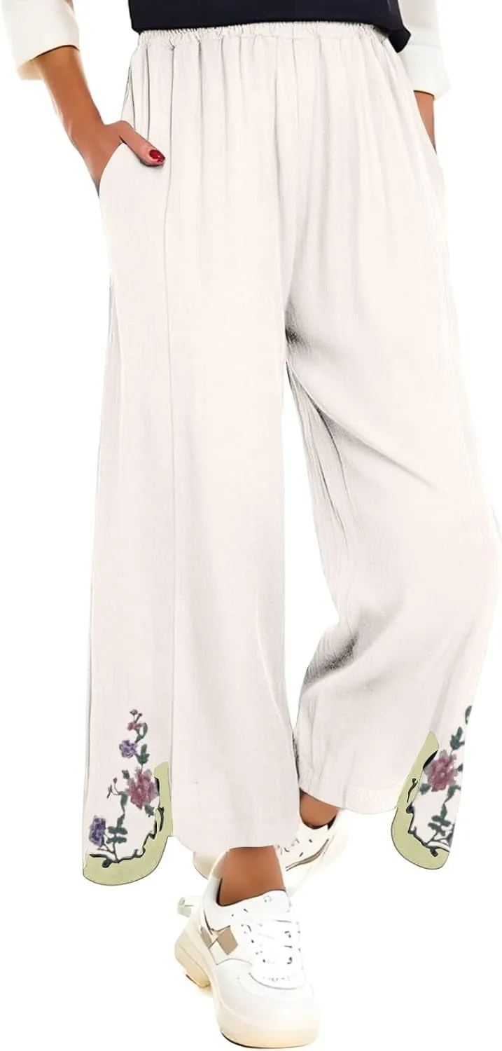 Womens Pants Embroidery Decoration Cotton and Linen Elastic Waist Pants Solid Summer Loose Cropped Wide Leg Trousers