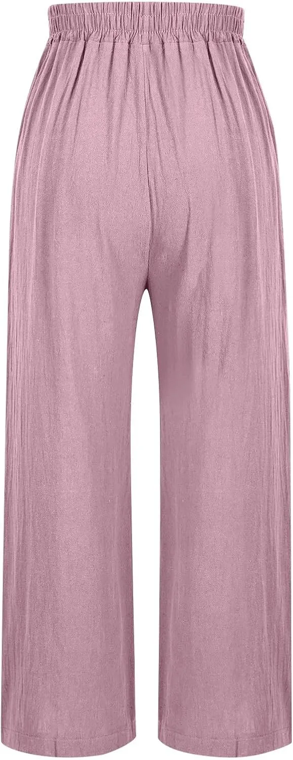 Womens Pants Embroidery Decoration Cotton and Linen Elastic Waist Pants Solid Summer Loose Cropped Wide Leg Trousers