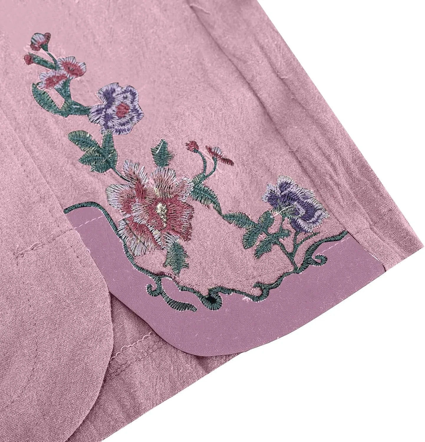 Womens Pants Embroidery Decoration Cotton and Linen Elastic Waist Pants Solid Summer Loose Cropped Wide Leg Trousers