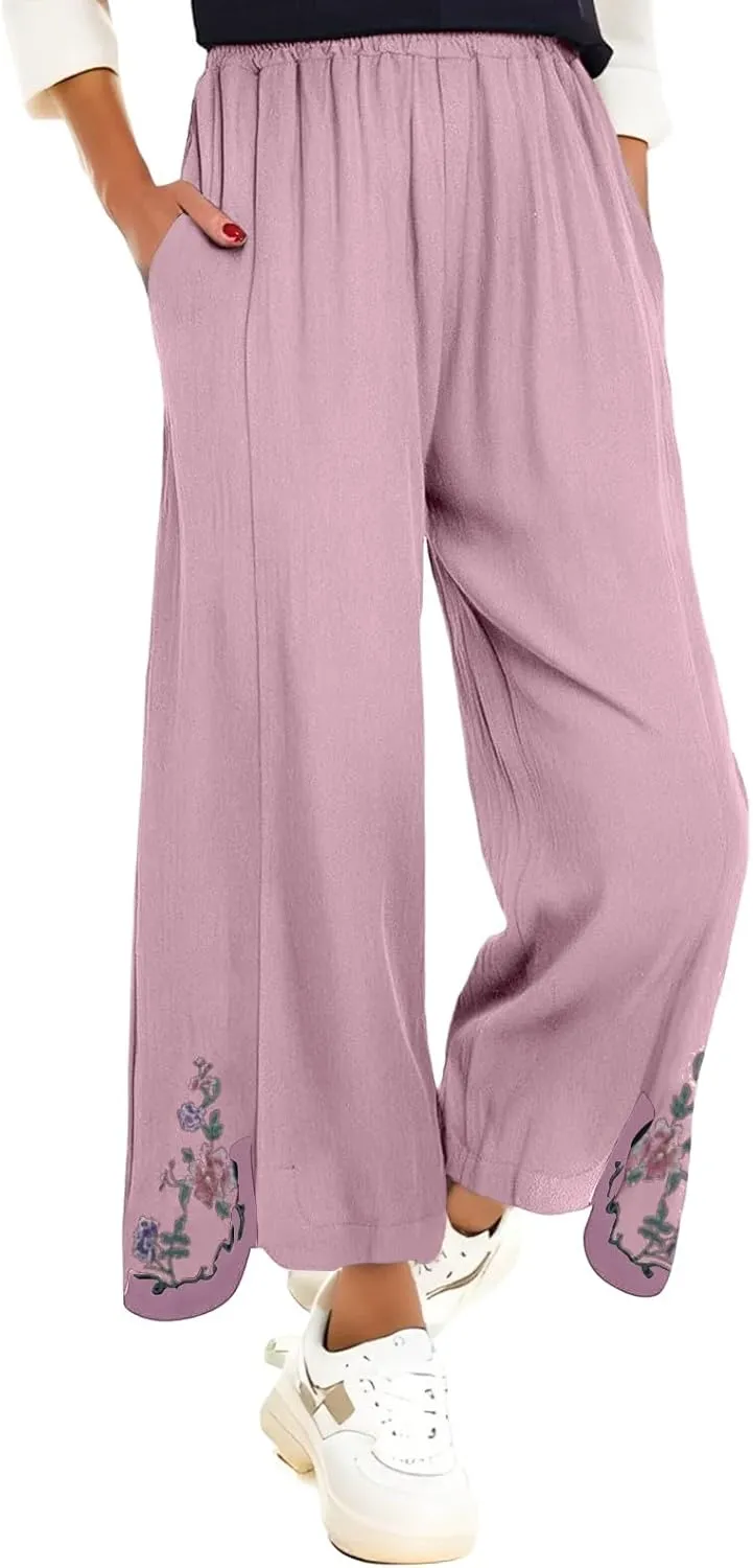 Womens Pants Embroidery Decoration Cotton and Linen Elastic Waist Pants Solid Summer Loose Cropped Wide Leg Trousers