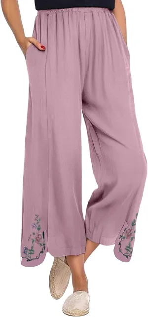 Womens Pants Embroidery Decoration Cotton and Linen Elastic Waist Pants Solid Summer Loose Cropped Wide Leg Trousers