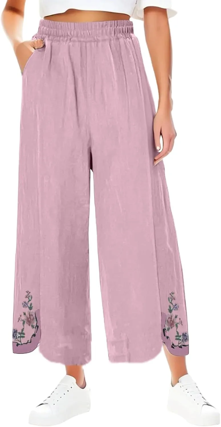 Womens Pants Embroidery Decoration Cotton and Linen Elastic Waist Pants Solid Summer Loose Cropped Wide Leg Trousers