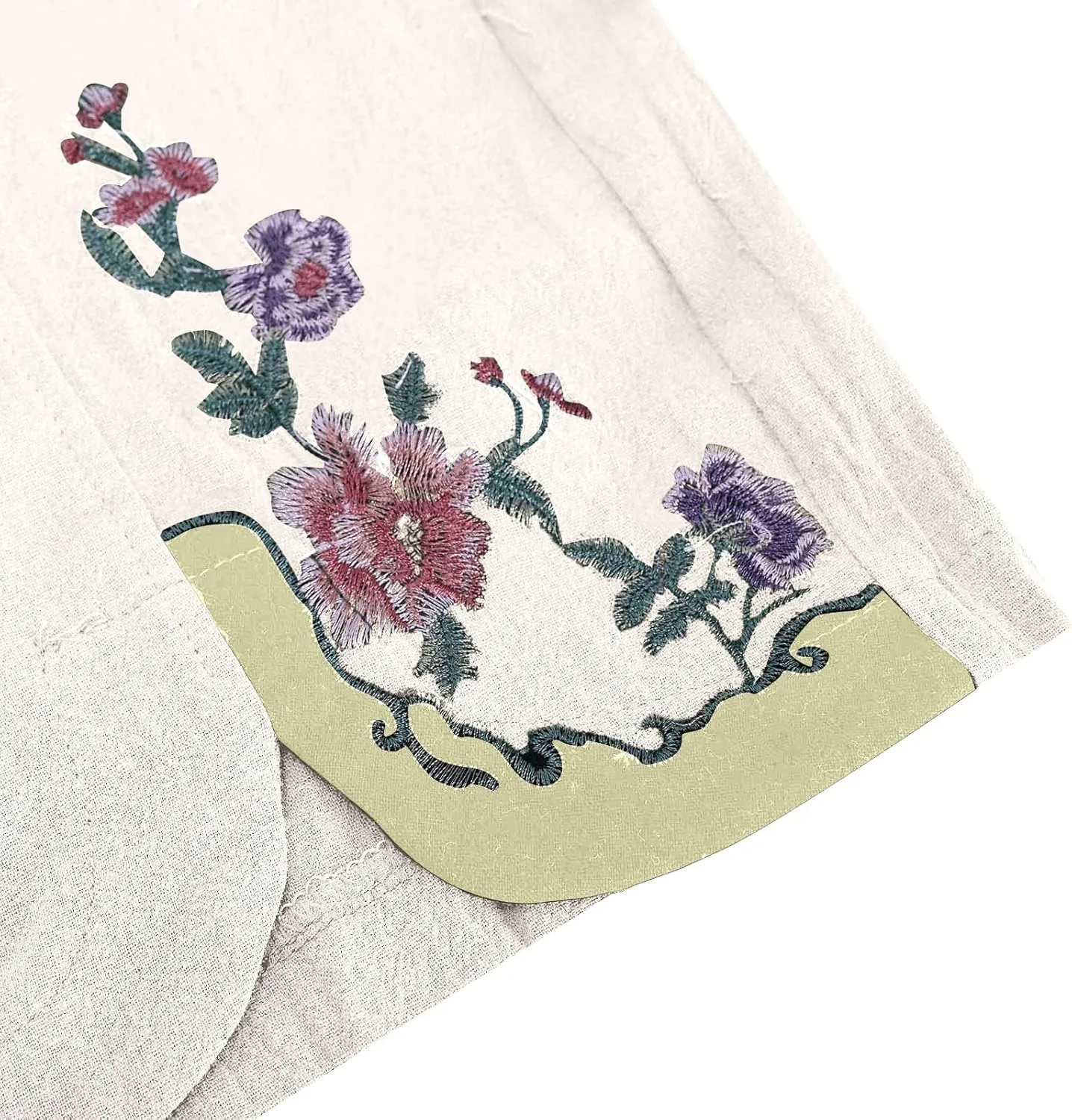 Womens Pants Embroidery Decoration Cotton and Linen Elastic Waist Pants Solid Summer Loose Cropped Wide Leg Trousers