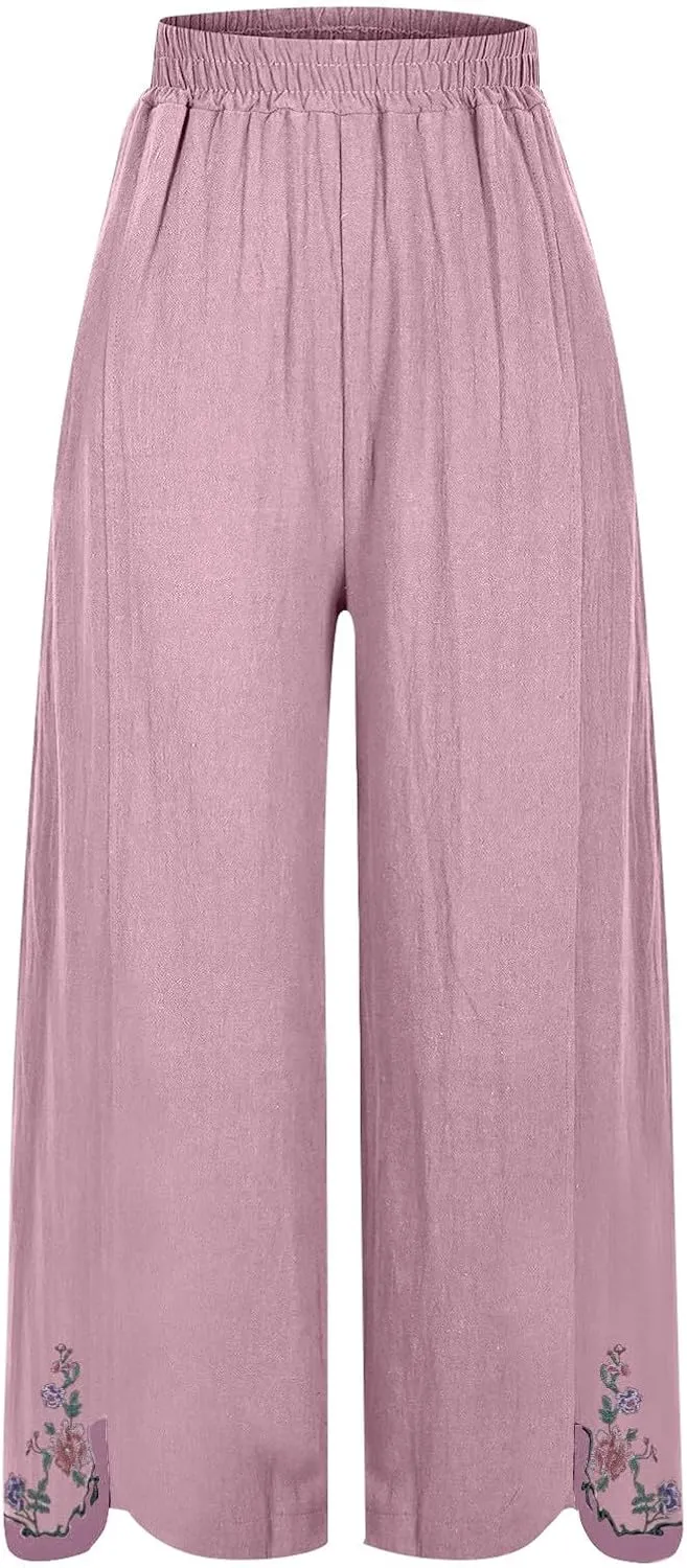 Womens Pants Embroidery Decoration Cotton and Linen Elastic Waist Pants Solid Summer Loose Cropped Wide Leg Trousers