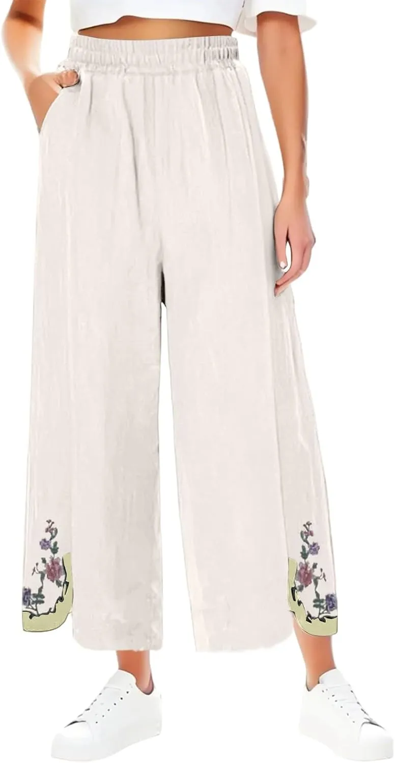 Womens Pants Embroidery Decoration Cotton and Linen Elastic Waist Pants Solid Summer Loose Cropped Wide Leg Trousers