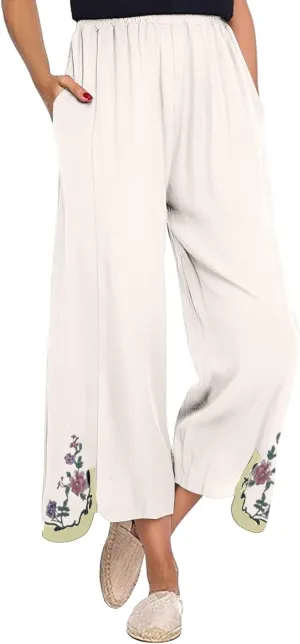 Womens Pants Embroidery Decoration Cotton and Linen Elastic Waist Pants Solid Summer Loose Cropped Wide Leg Trousers