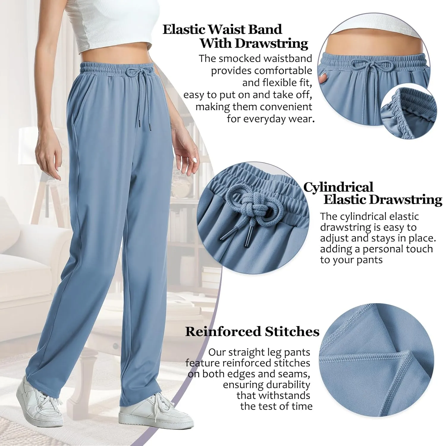 Womens Pants Straight Leg Sweatpants for Women Elastic Waist Work Pants Baggy Casual Drawstring Lounge Pants