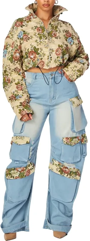 Women's Patchwork Denim Set Floral Long Sleeved Crop Jacket Top and Cargo Jeans 2 Piece Sets Fall Denim Outfit