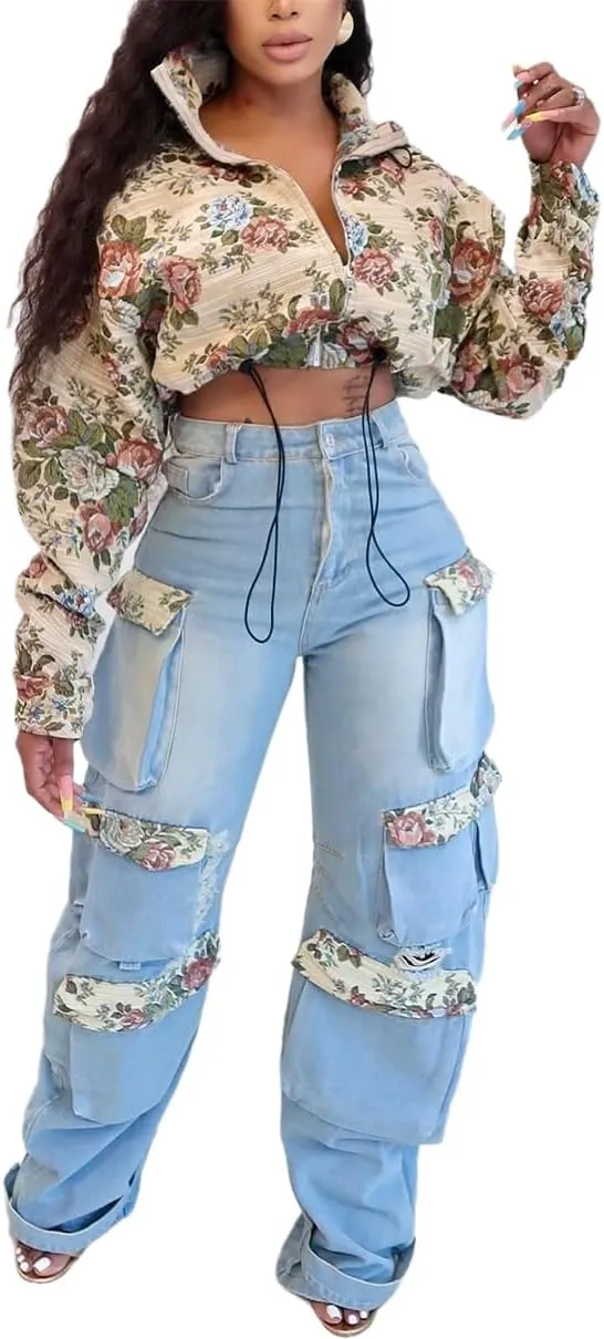 Women's Patchwork Denim Set Floral Long Sleeved Crop Jacket Top and Cargo Jeans 2 Piece Sets Fall Denim Outfit