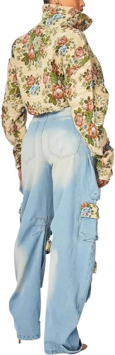 Women's Patchwork Denim Set Floral Long Sleeved Crop Jacket Top and Cargo Jeans 2 Piece Sets Fall Denim Outfit