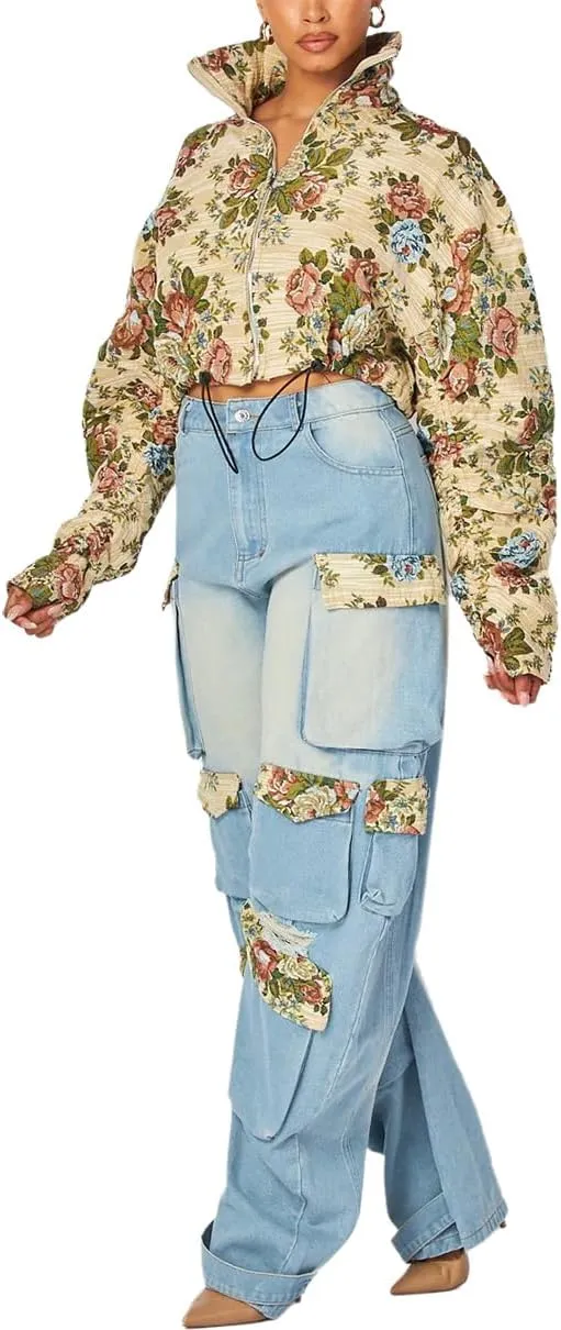 Women's Patchwork Denim Set Floral Long Sleeved Crop Jacket Top and Cargo Jeans 2 Piece Sets Fall Denim Outfit